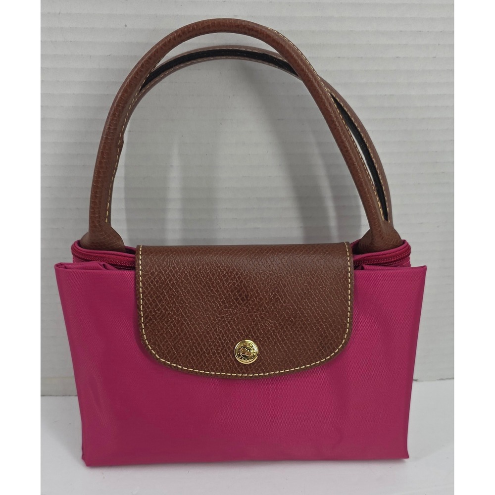 Longchamp Le Pliage Medium Tote Bag Pink Nylon Brown Leather Trim 1623089C88 - Picture 3 of 6